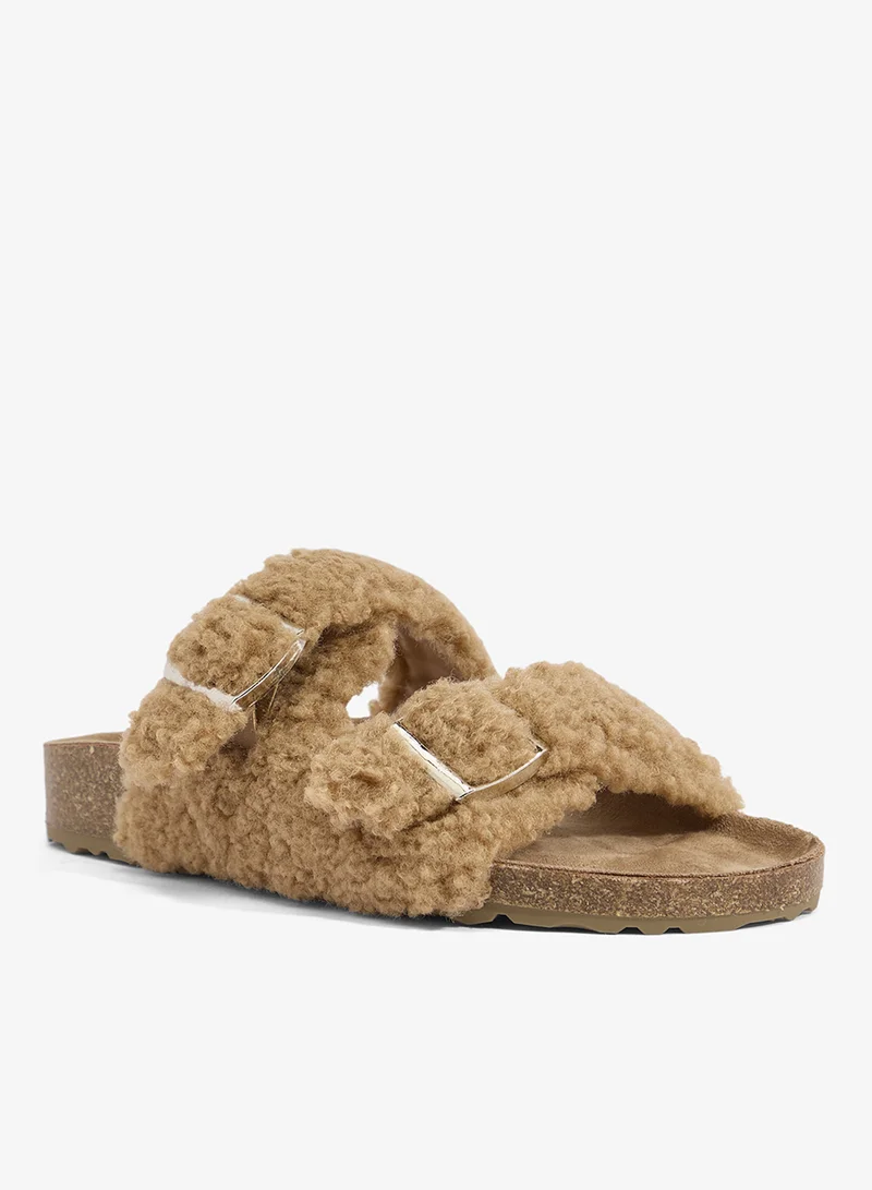 جينجر Fur Buckle Wood Bedroom Slippers